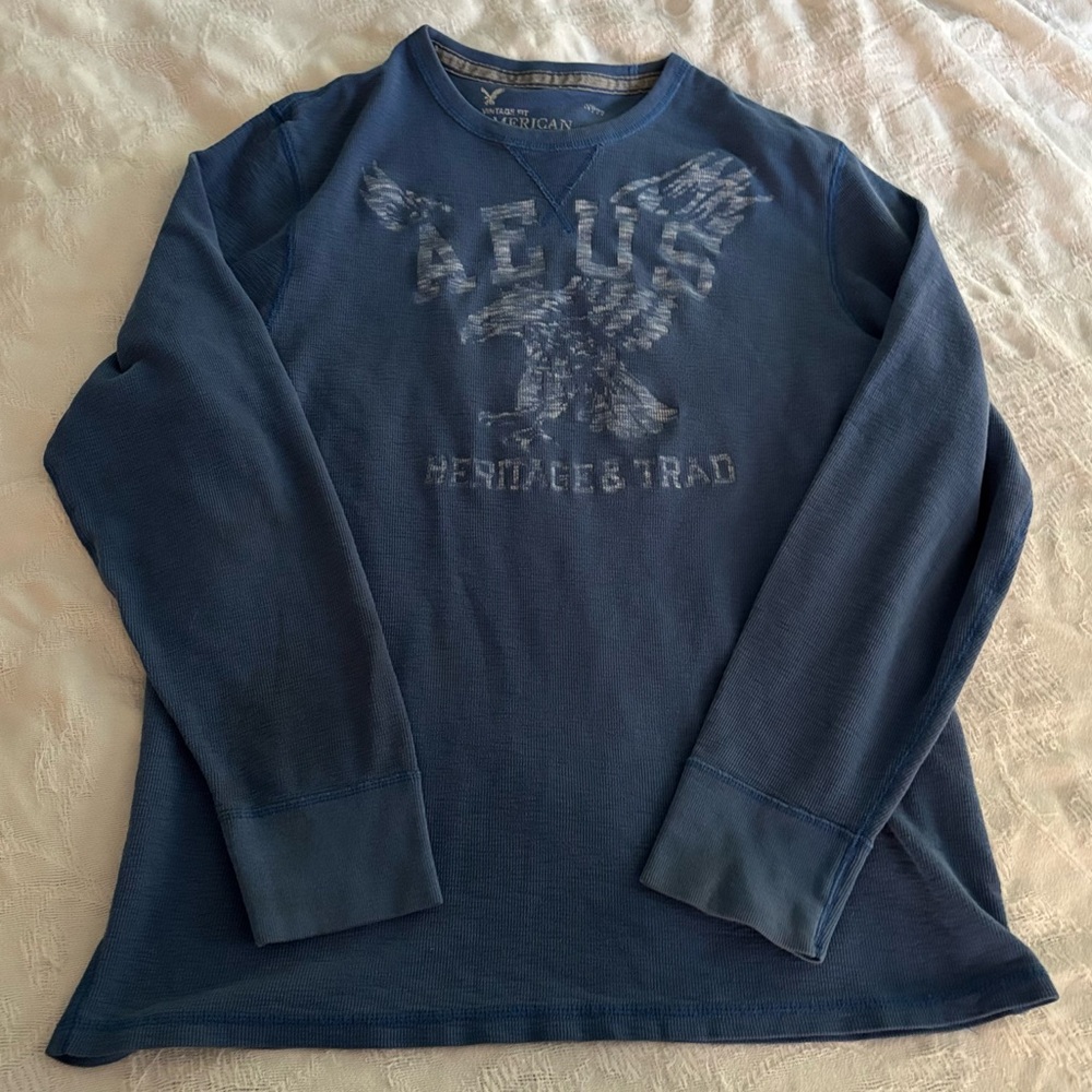 American Eagle Vintage Fit Long Sleeve Blue Waffle Knit Thermal Eagle Design XXL